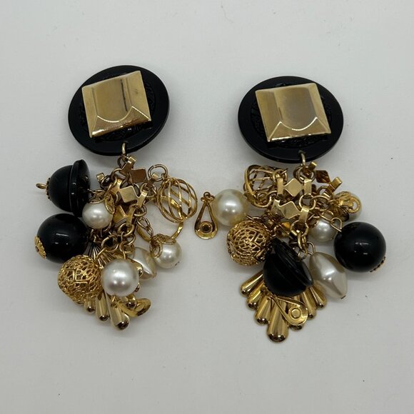 Estate Jewelry - Vintage Gold Black Dangle Earrings Faux Pearl Geometric Retro Runway Chandelier
